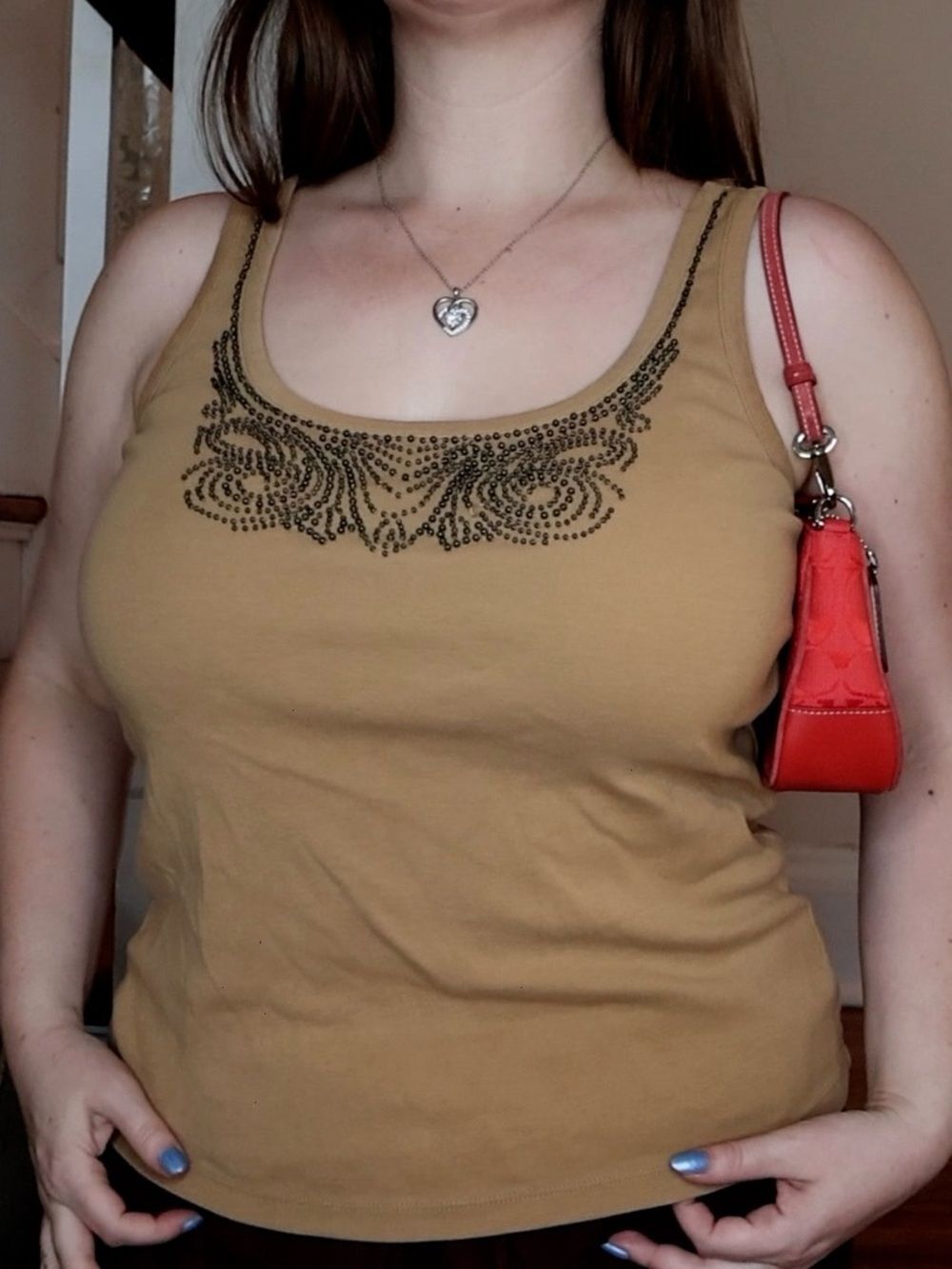 Lauren Ralph Lauren Large Tank Top with Bead Embellishment Sz Large Tan Basics